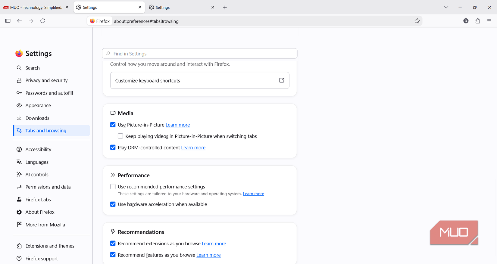 Performance menu in Mozilla Firefox settings
