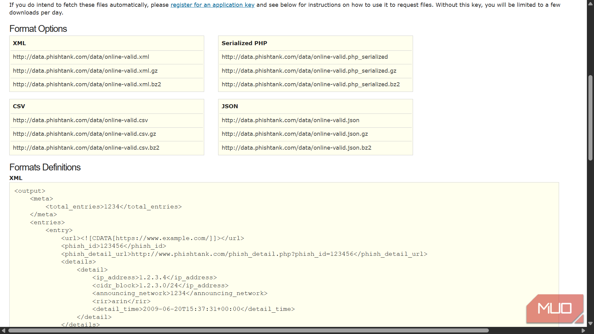 PhishTank Format Options showing online-valid.csv