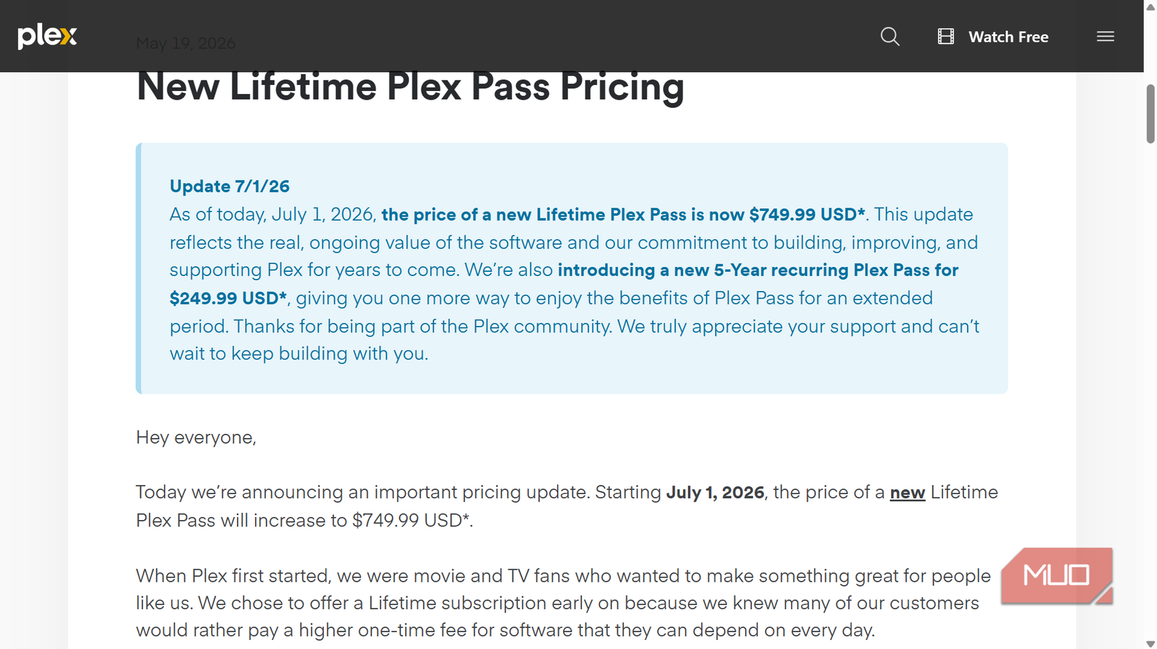 Plex anuncia una nueva actualización de precios de por vida