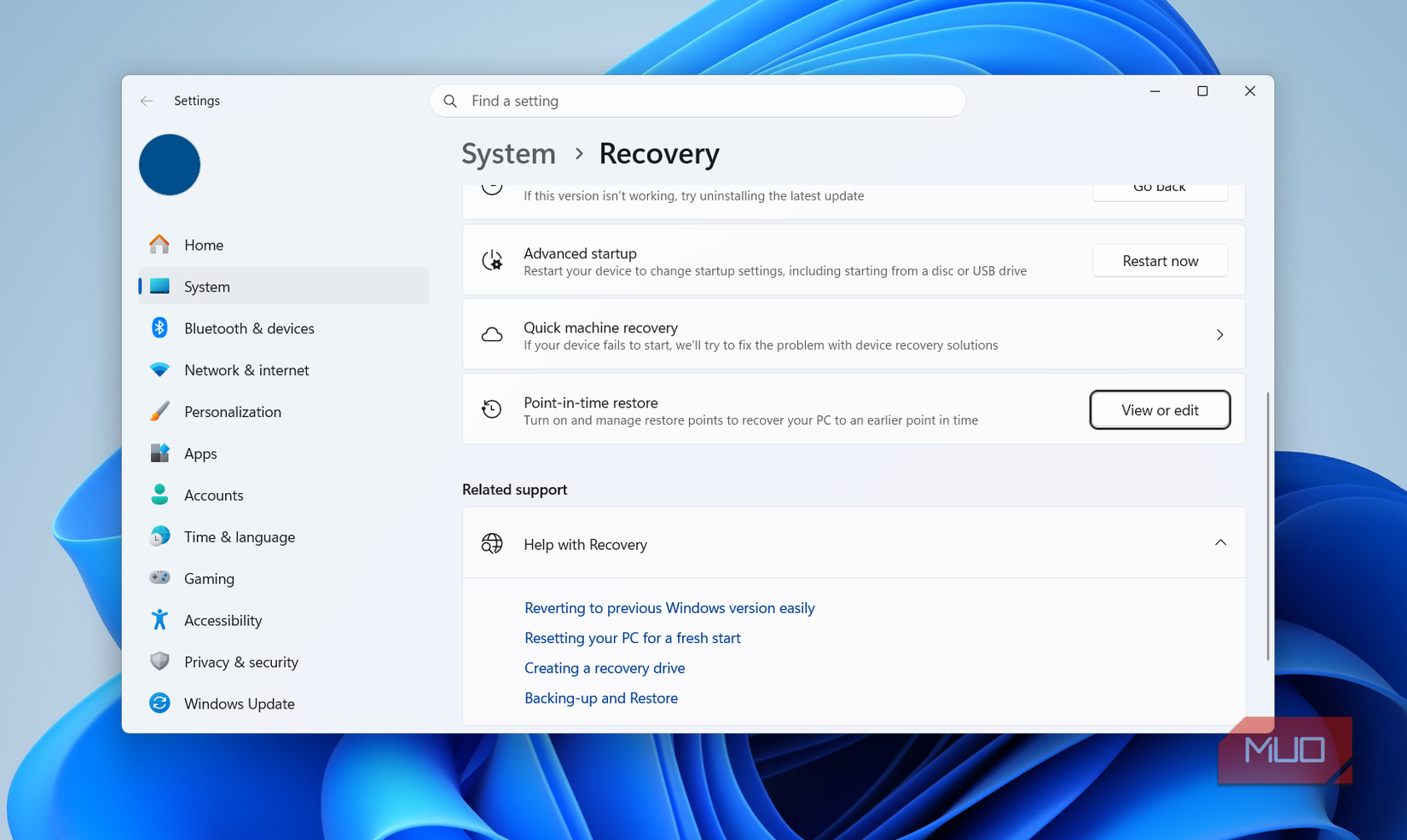 Point in time restore feature in Windows settings