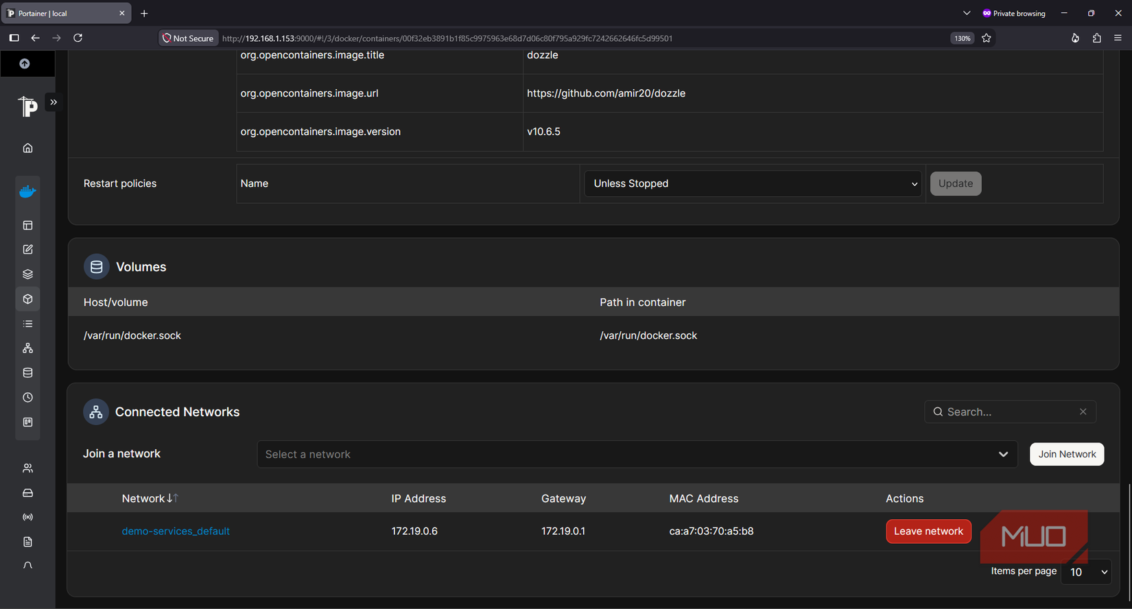 Docker socket bind mounts granting Portainer and Dozzle access to the Docker host