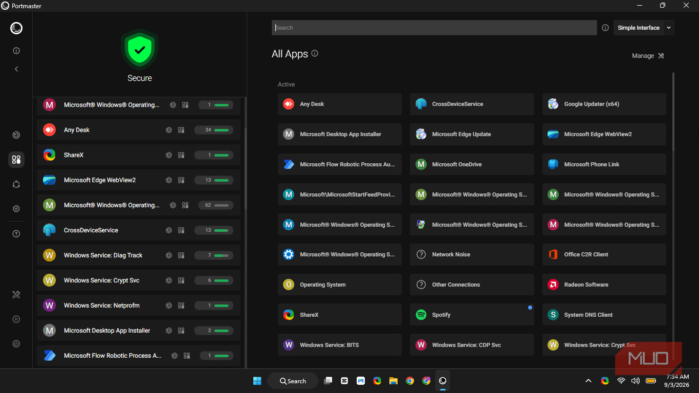 Portmaster showing all active apps on and connection list on Windows 11
