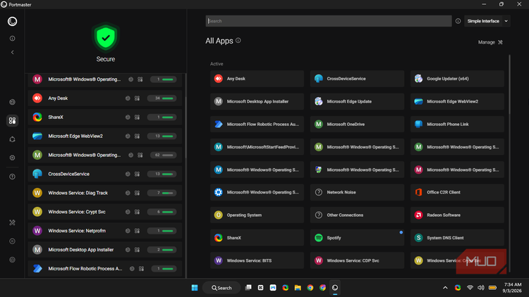 Сетевой мониторинг и анализ подозрительных соединений в Windows 11 интерфейс программы Portmaster с перечнем активных соединений и сетевой активностью приложений