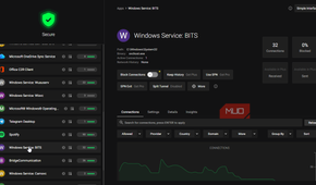 Windows service BITS on Portmaster showing graph, and other details.