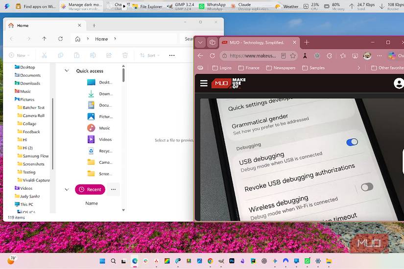 Windows 11 desktop showing the PowerToys Dock at the top and the taskbar at the bottom with open apps in between