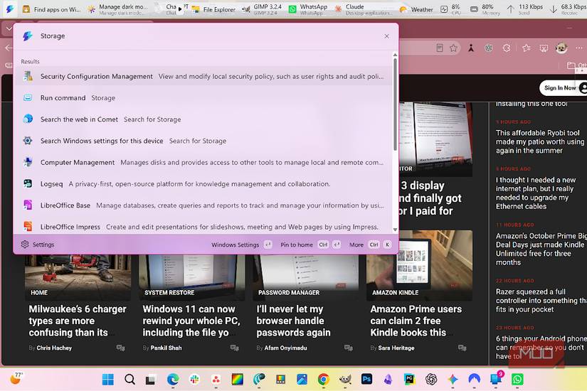 PowerToys Command Paletter showing a storage search with Windows Settings and related storage tools