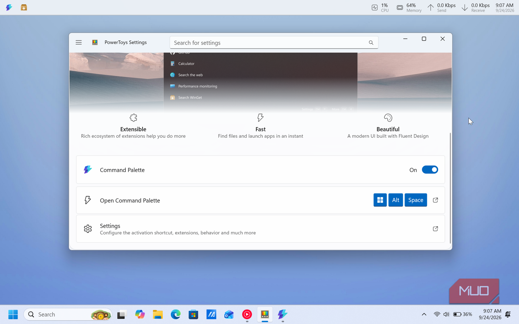 powertoys settings window with command palette Dock and extensions overview