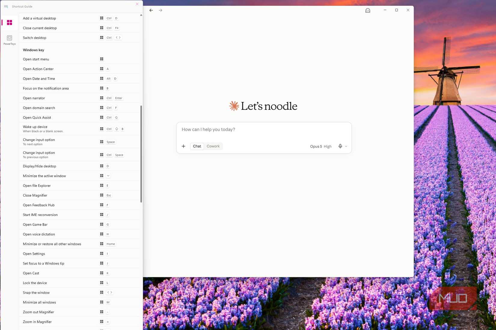 PowerToys Shortcut Guide open beside the Claude desktop app, showing Windows keyboard shortcuts while Claude remains visible in the background