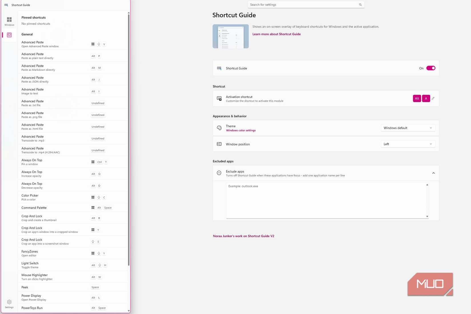 PowerToys Shortcut Guide open over its settings page, showing PowerToys keyboard shortcuts for tools such as Advanced Paste, Color Picker, FancyZones, and PowerToys Run