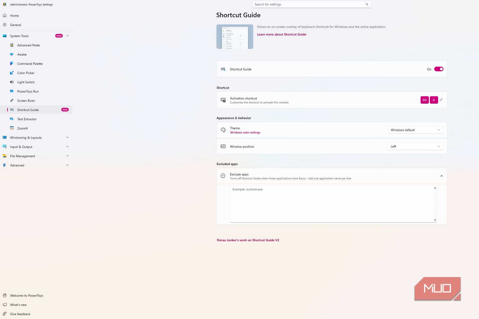 PowerToys Shortcut Guide showing the activation shortcut, theme, window position, and excluded apps options