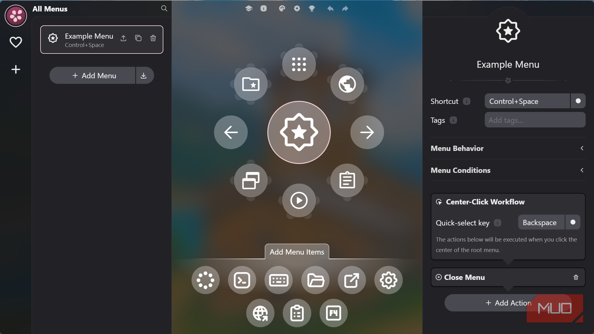 Radial menu creator application interface dashboard