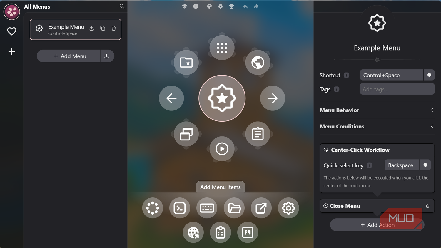 Radial menu creator application interface dashboard