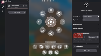 Radial menu creator application interface dashboard