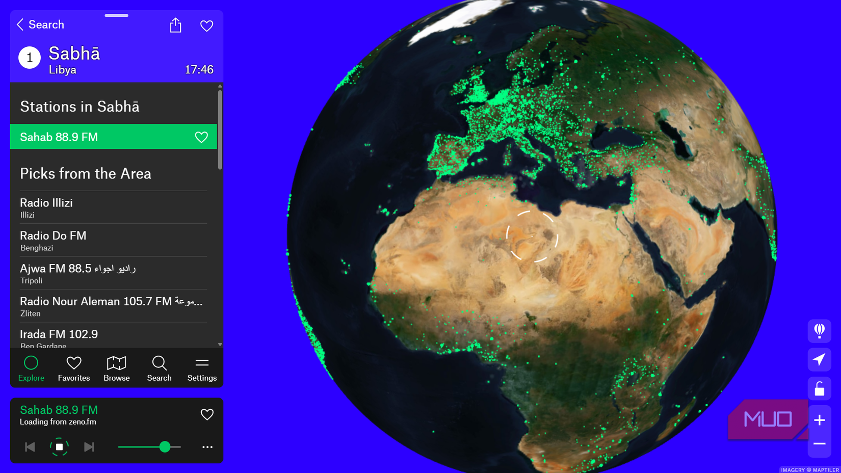 Radio stations map app showing Libya