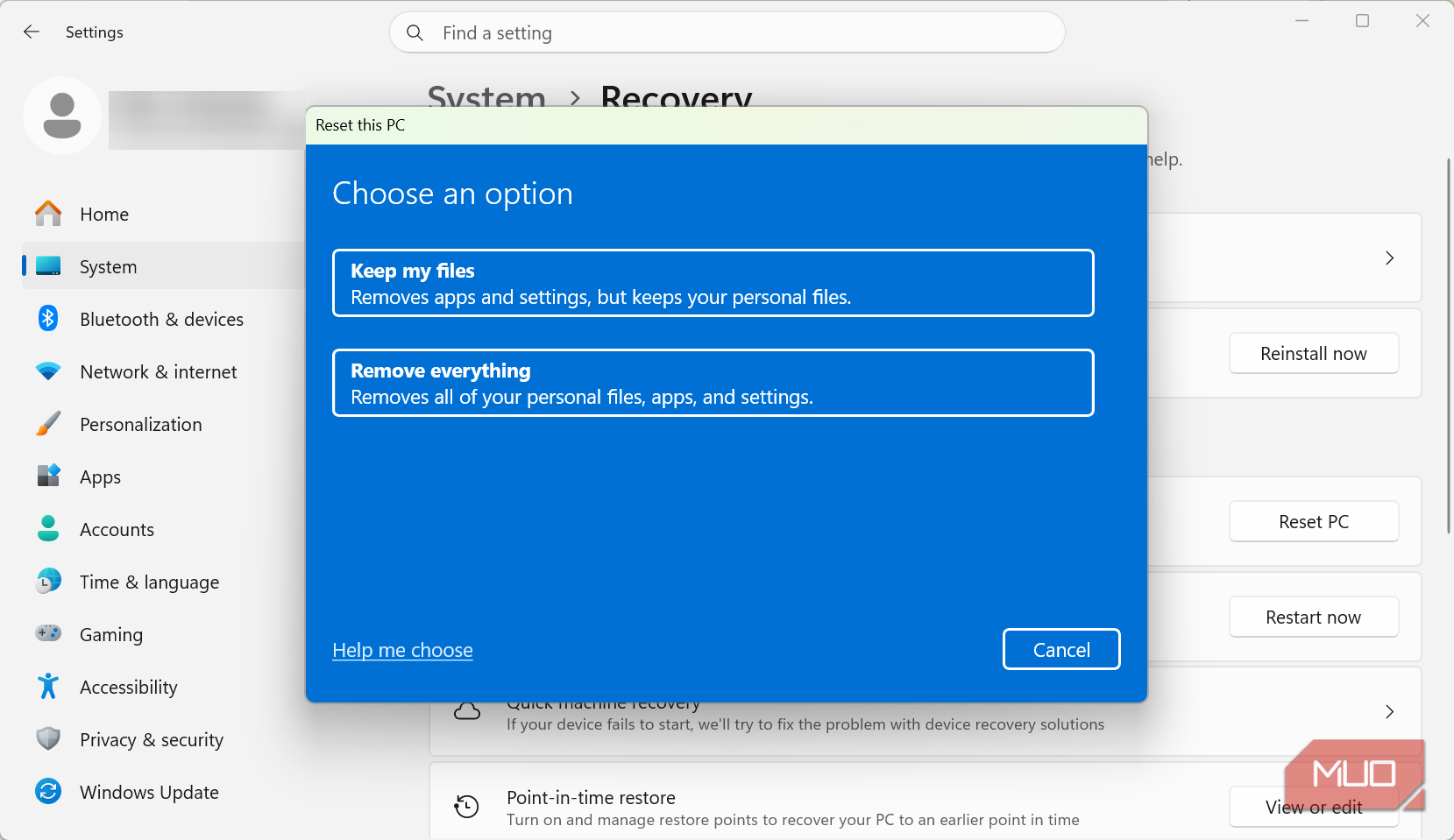 Reset PC settings option 