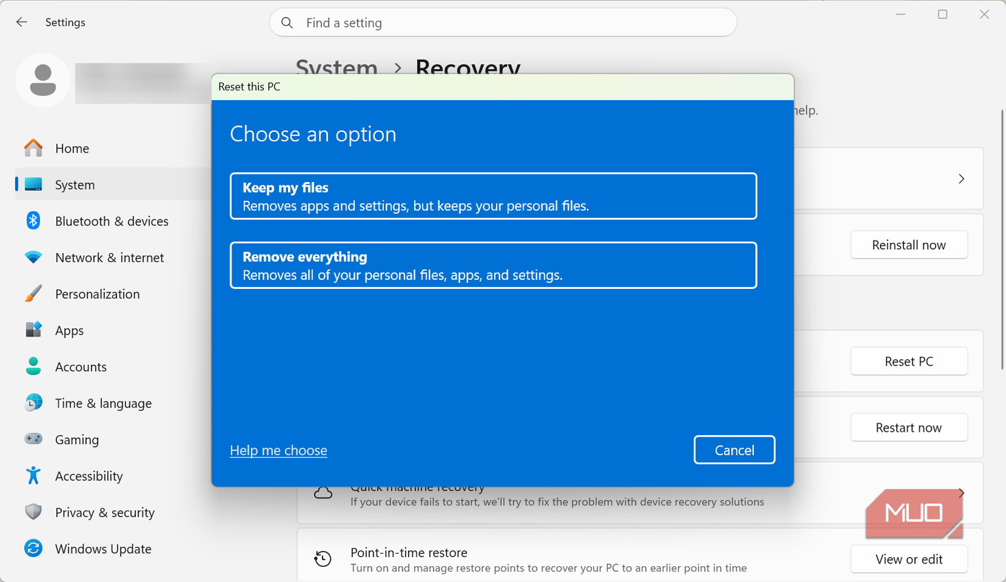 Reset PC settings option