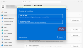 Reset PC settings option