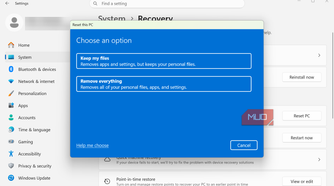 Reset PC settings option