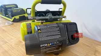 Ryobi cordless compressor rear view showing motor and label