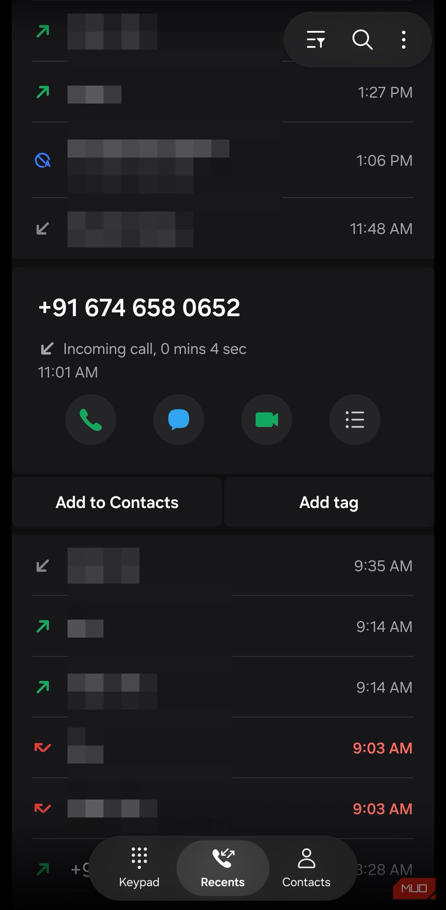 Samsung call log showing Add tag option