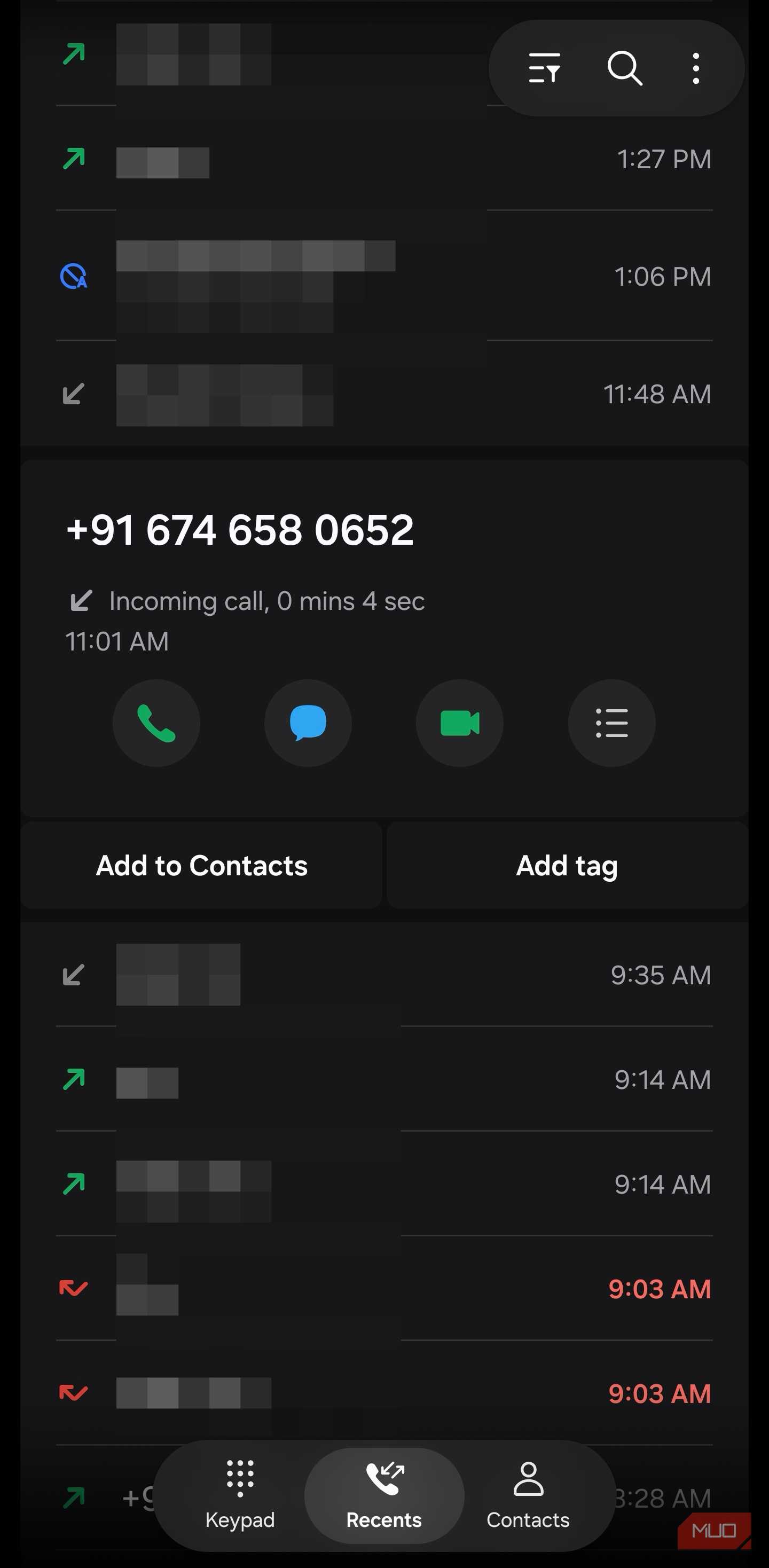 Samsung call log showing Add tag option