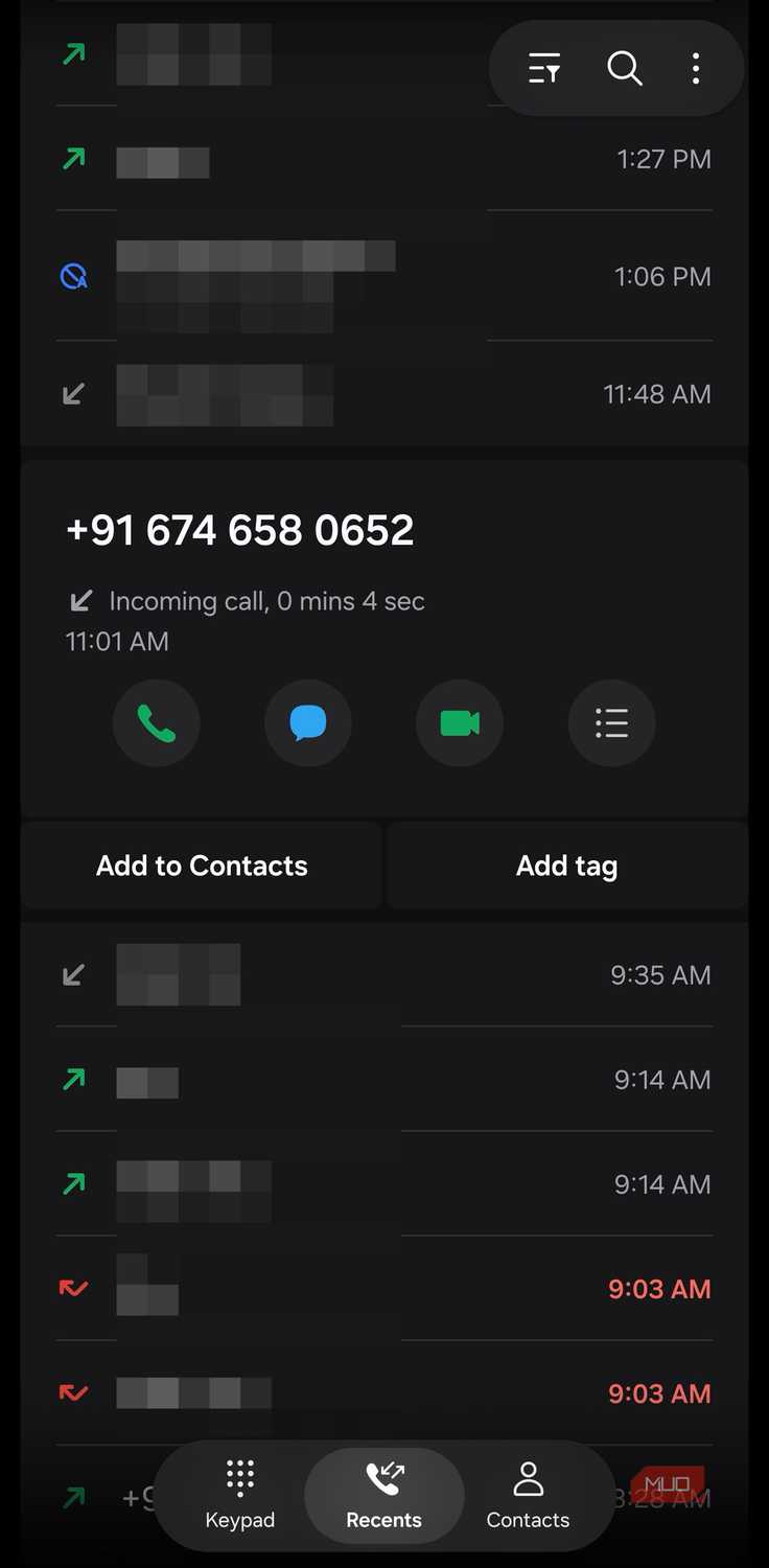 Samsung call log showing Add tag option