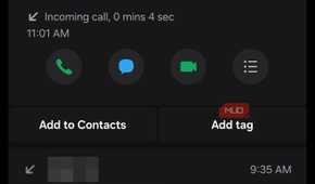 Samsung call log showing Add tag option