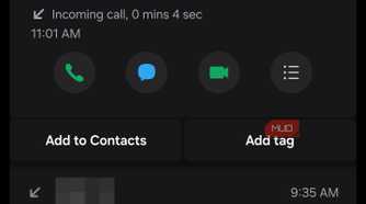 Samsung call log showing Add tag option