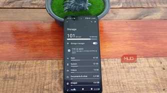 Android Storage on a Samsung Galaxy A34 showing 101GB of 128GB used, with apps, system, videos, documents, and images broken down by storage use