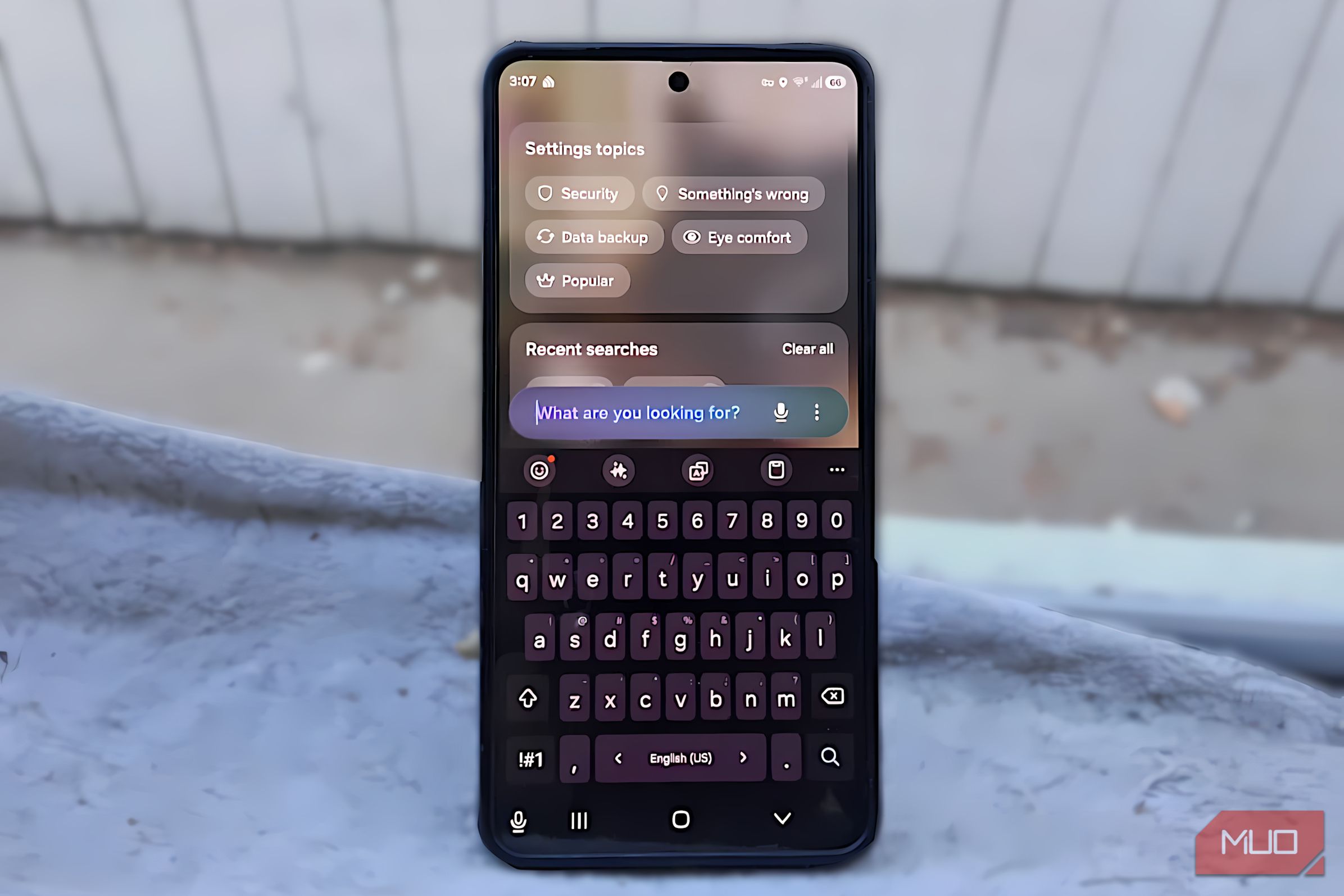Samsung Galaxy phone showing the Finder search screen with the search bar and keyboard open