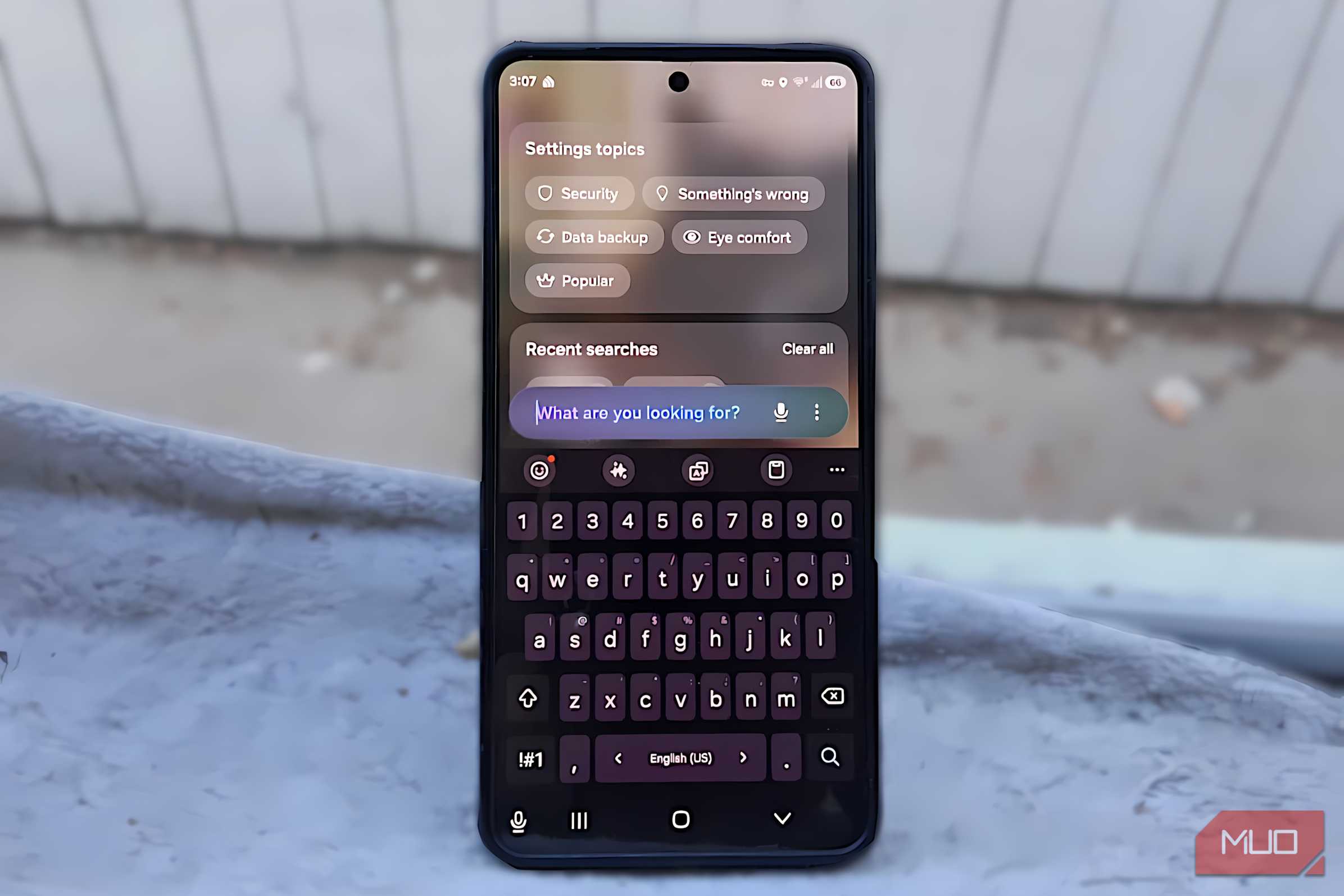 Samsung Galaxy phone showing the Finder search screen with the search bar and keyboard open