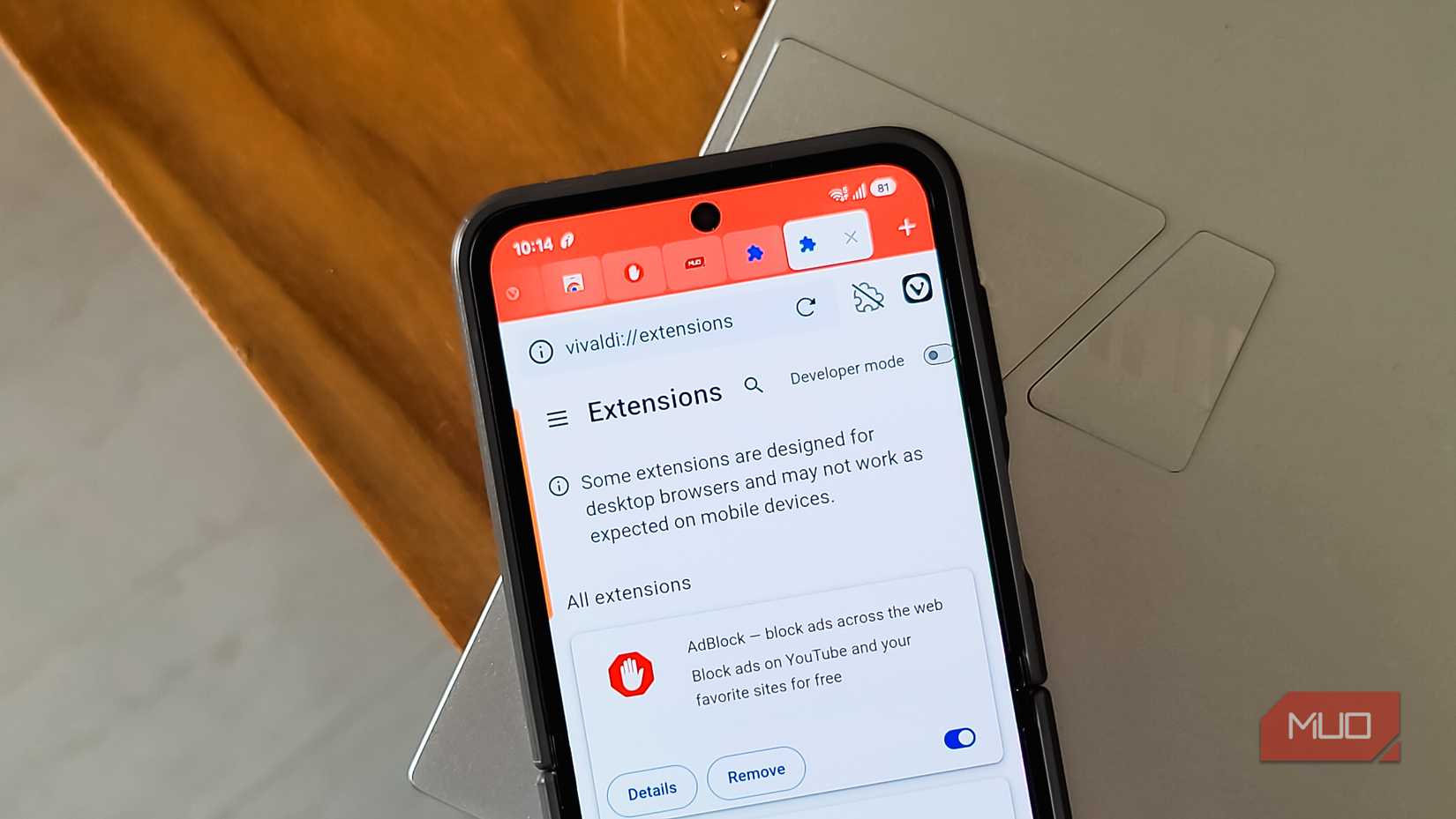 samsung galaxy z flip 6 displaying vivaldi browser extensions page with adblock