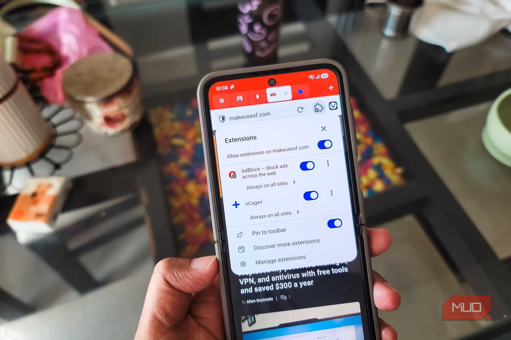 samsung galaxy z flip 6 displaying Vivaldi browser extensions settings with adblock and ncage+