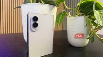 The Samsung Galaxy Z Fold 8 leaning up against a plant.