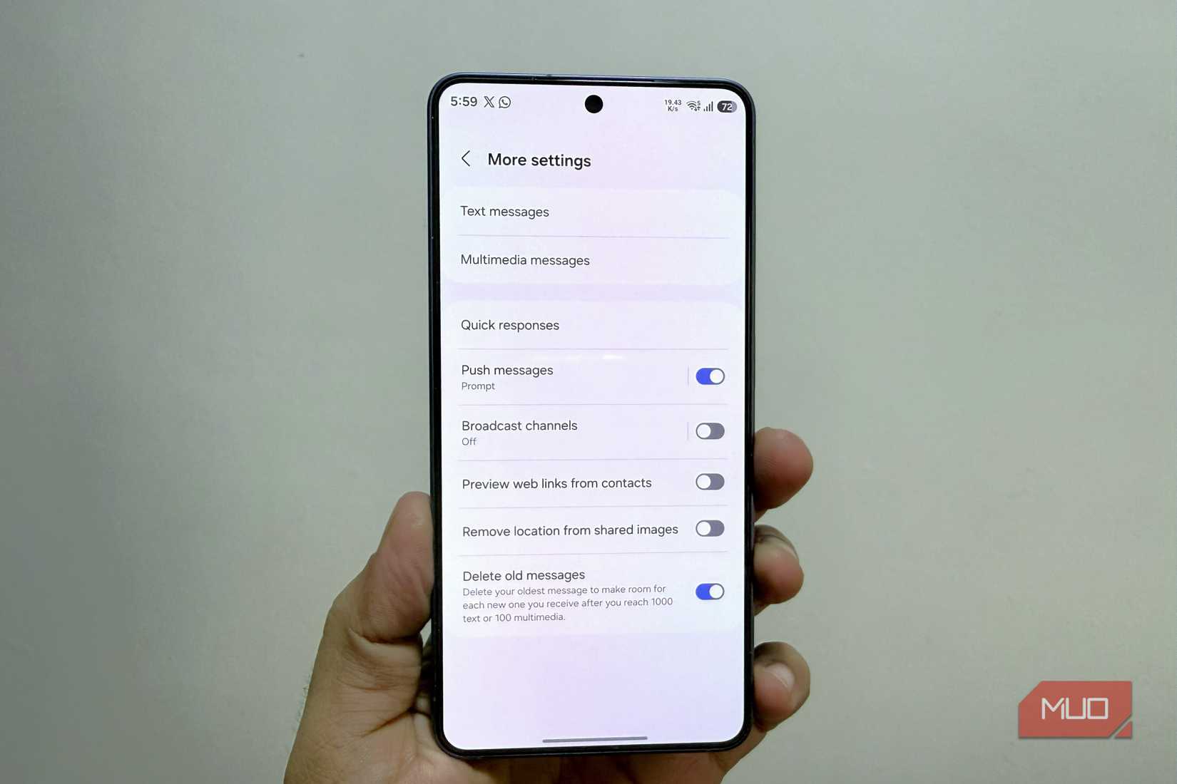 Samsung Messages settings menu on Galaxy phone