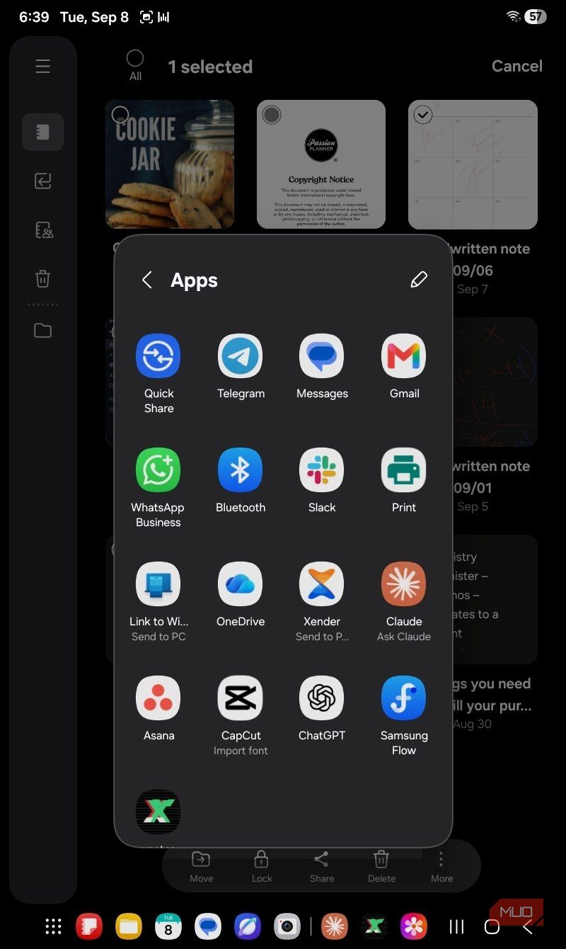 Apps options to share Samsung Notes file to.