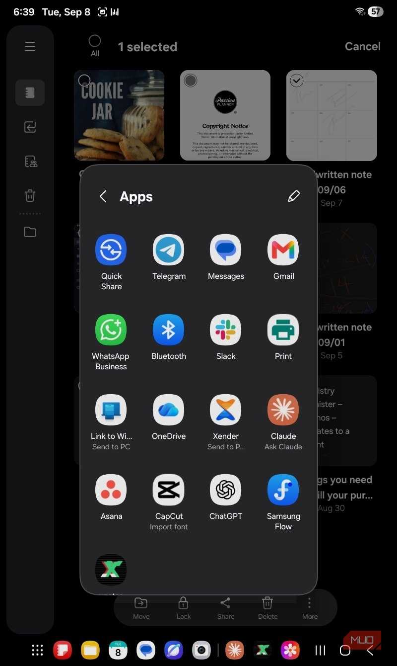 Apps options to share Samsung Notes file to.