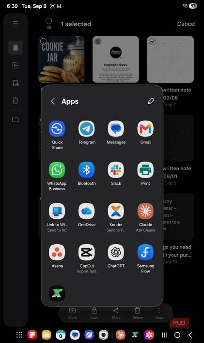 Apps options to share Samsung Notes file to.