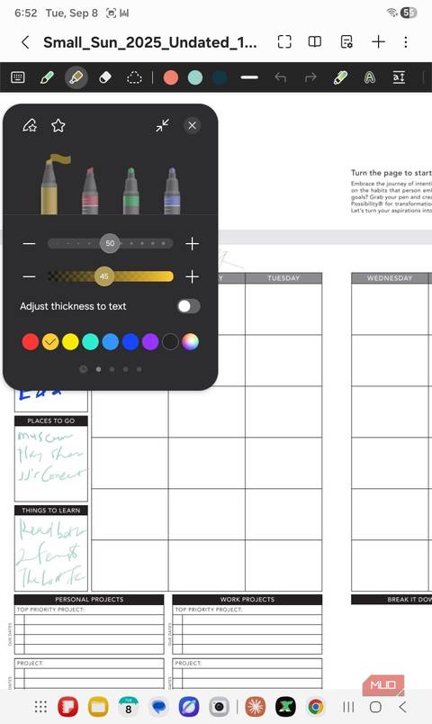 Samsung Notes highlighter customization panel.