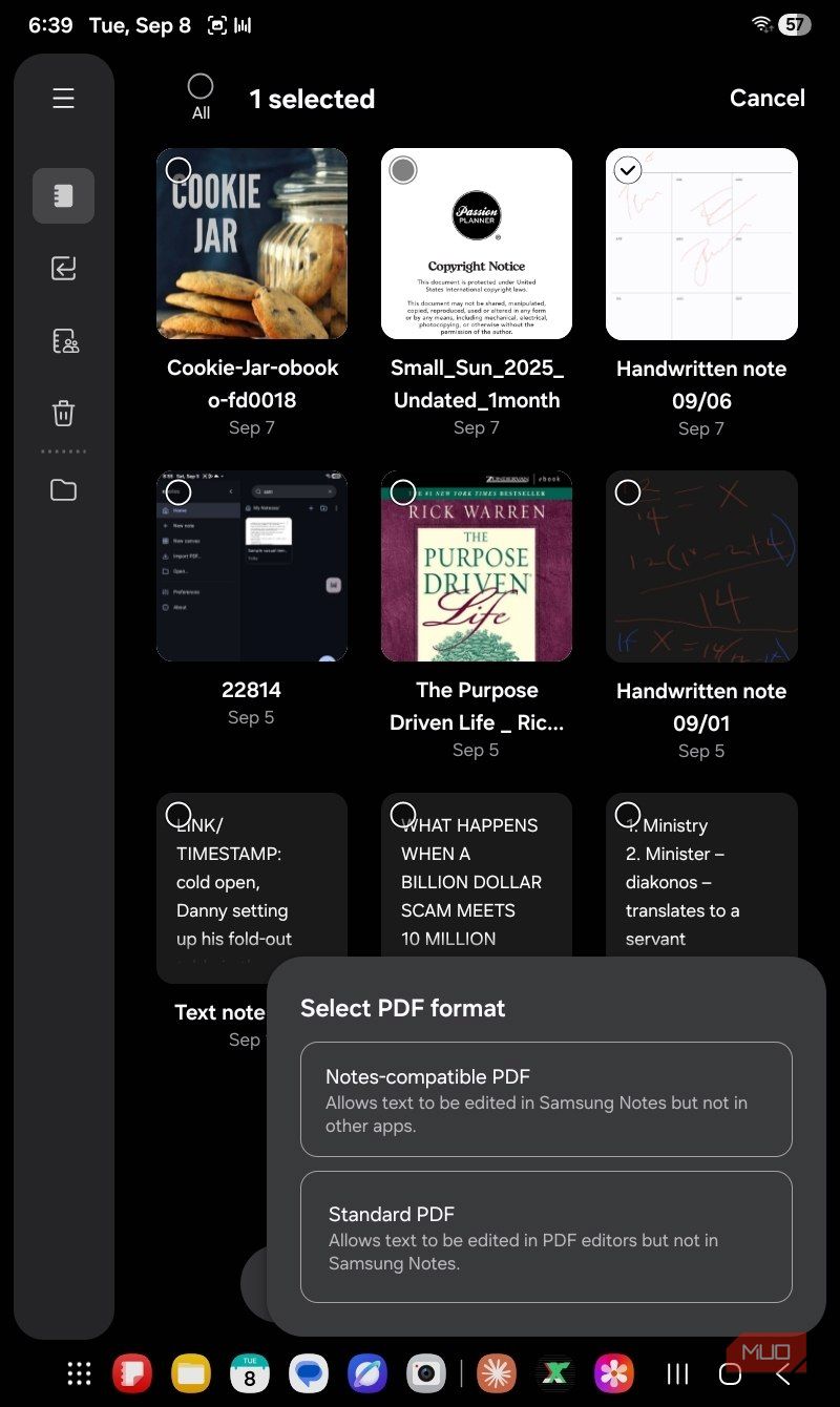 Options to share files as Samsung Notes editable or other editors' file in Samsung Notes.