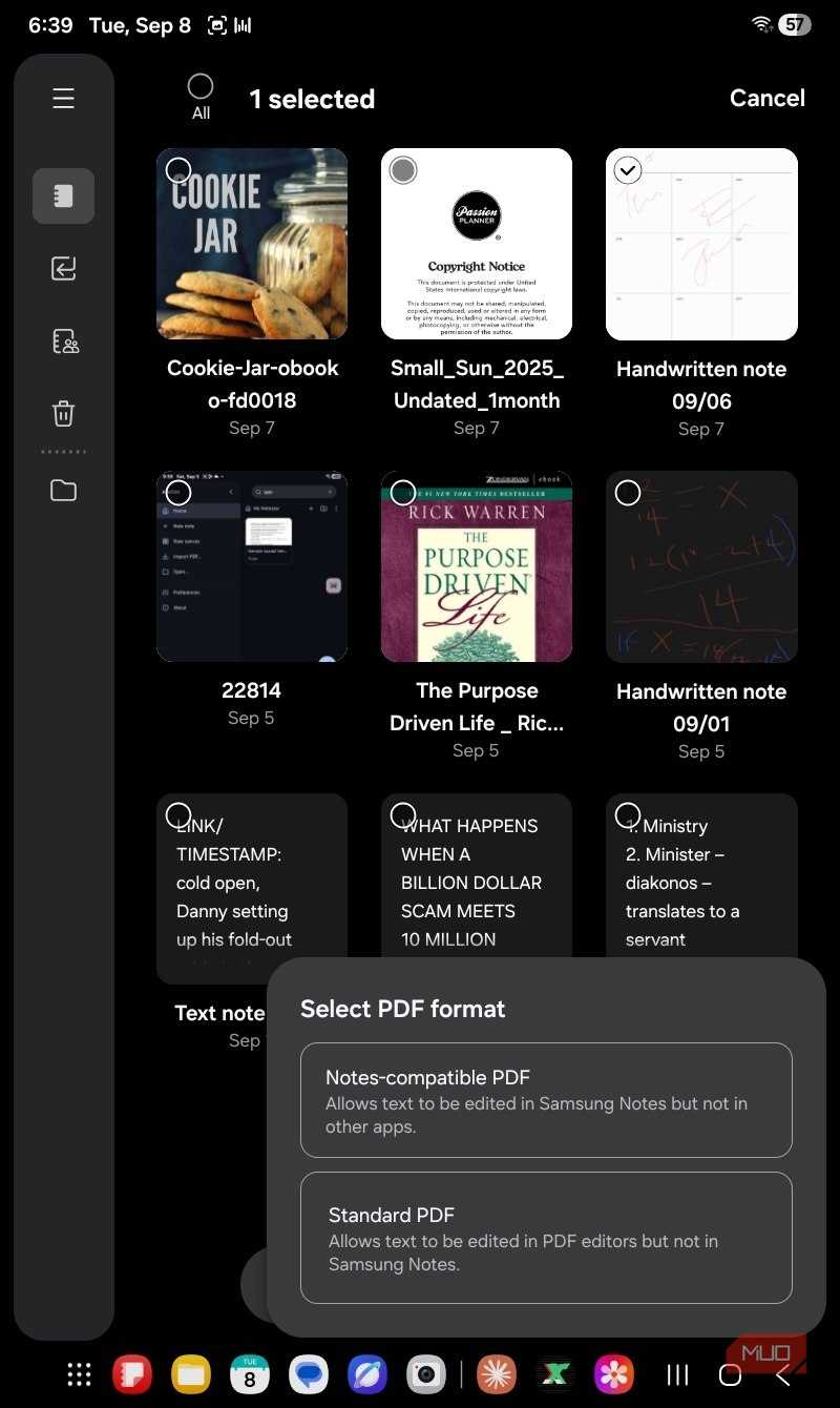 Options to share files as Samsung Notes editable or other editors' file in Samsung Notes.