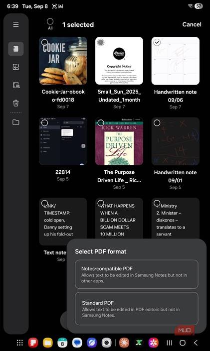 Options to share files as Samsung Notes editable or other editors' file in Samsung Notes.