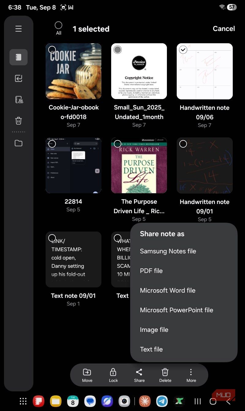 Select file option to share on Samsung Notes.