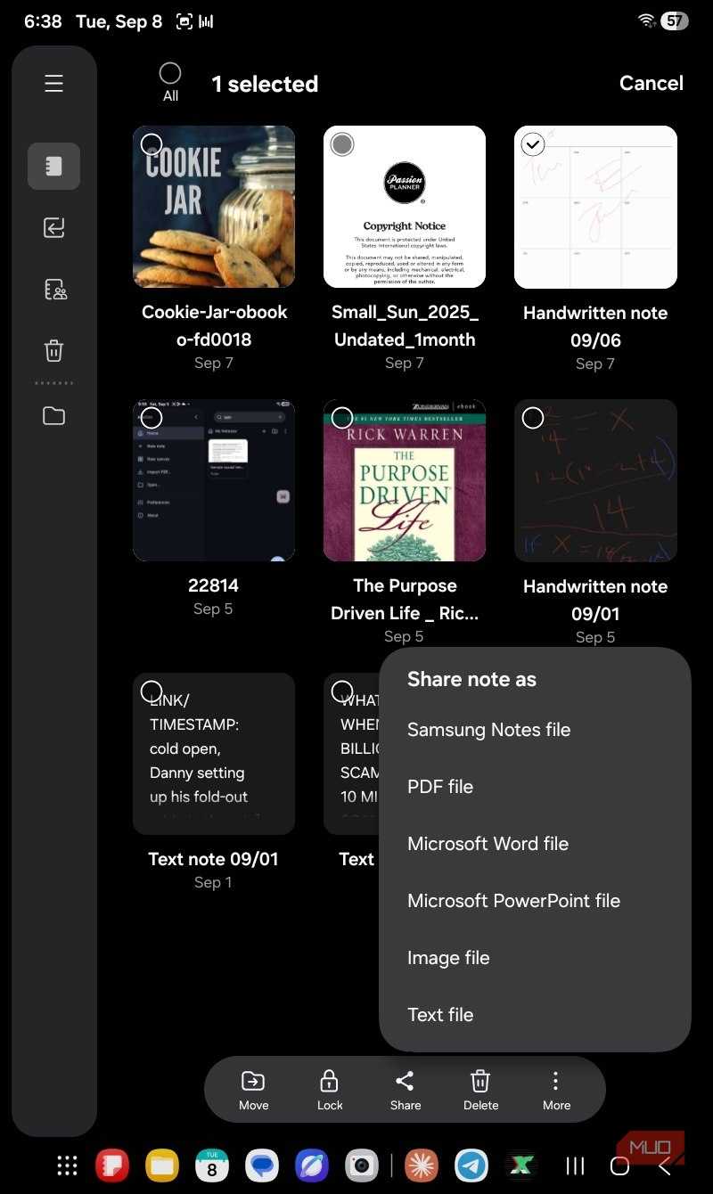 Select file option to share on Samsung Notes.