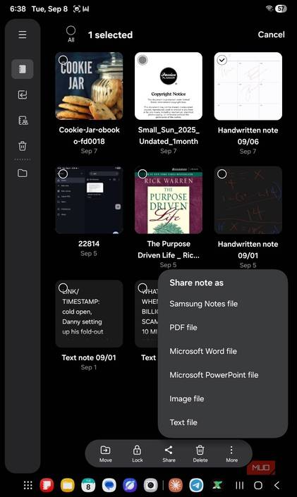 Select file option to share on Samsung Notes.