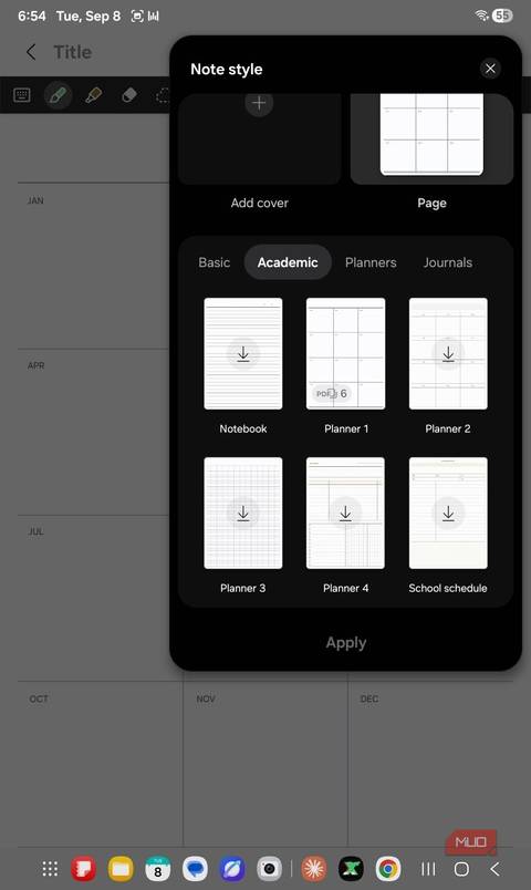 samsung Notes style templates picker options.