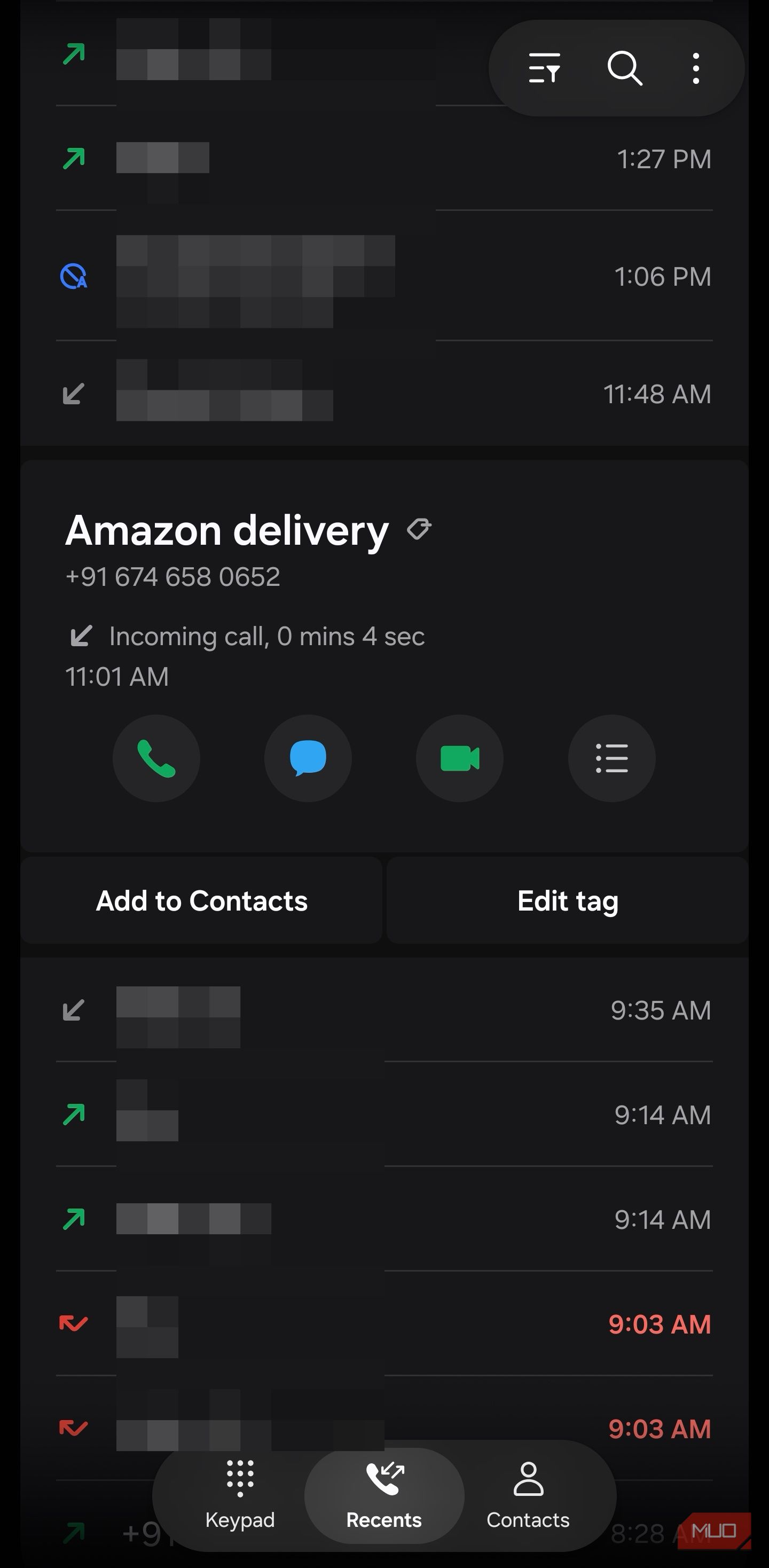 Samsung Phone call log with custom tag