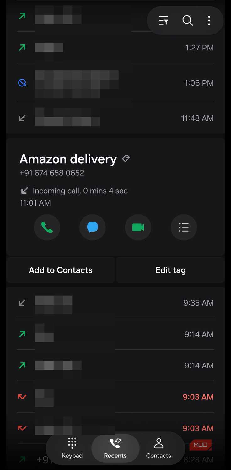 Samsung Phone call log with custom tag