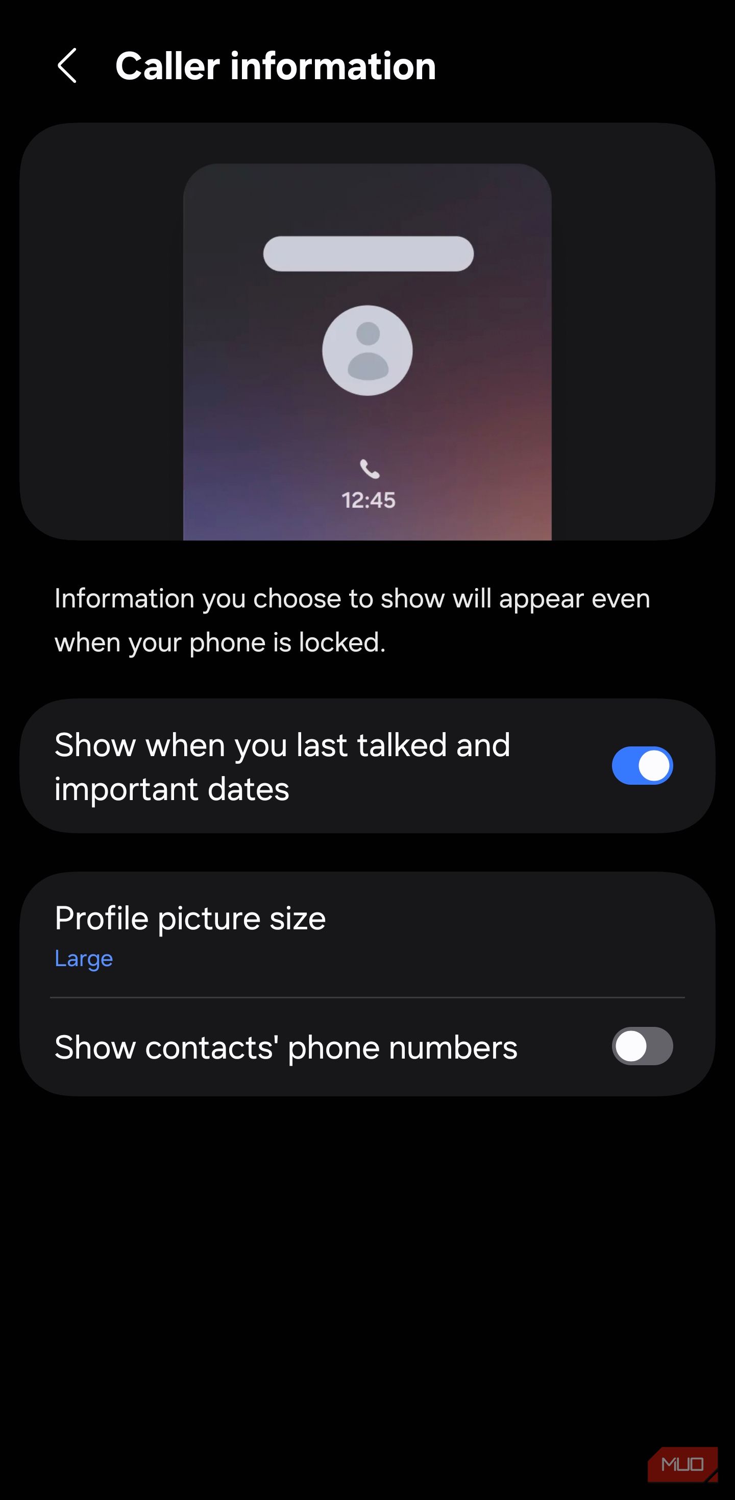 Samsung Phone caller information settings menu