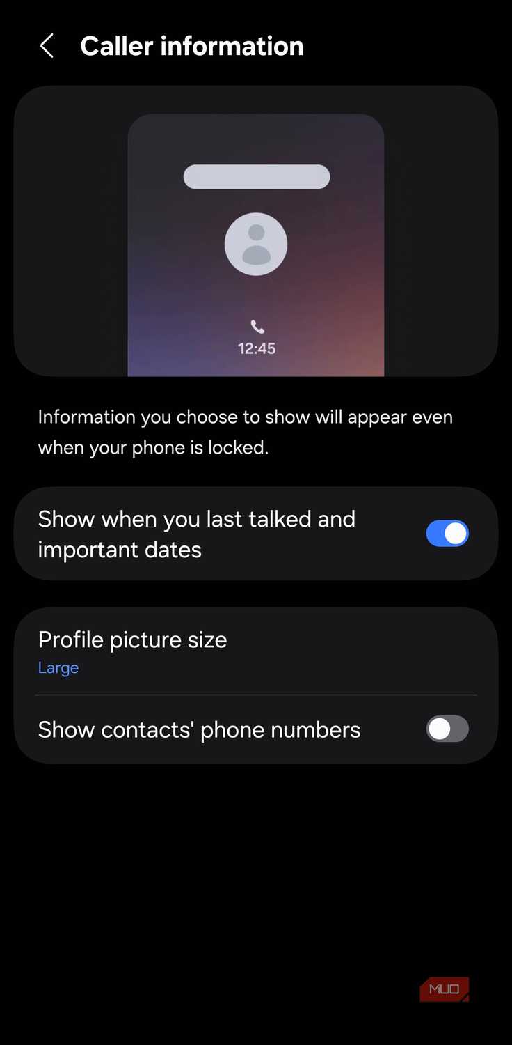 Samsung Phone caller information settings menu
